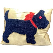 Vintage Hooked Wool Pillow Scottie Dog cream blue Velvet Holiday Decorative - £13.05 GBP