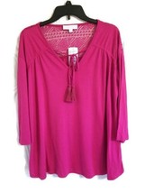 Weekend by Suzanne Betro Size L Pink Lace Yoke Tie Notch Casual Tunic Top - £28.37 GBP