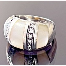 925 Sterling Silver Mother Of Pearl And Cz Dome Band Ring Size 7.5 Sky - $46.33