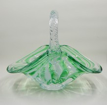 Hand Blown Art Glass Green White Swirl Basket With Clear Twisted Handle - £23.97 GBP