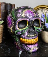 Semi Metallic Black Day of The Dead Floral Sugar Skull Figurine DOD Skul... - $50.56 CAD