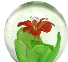 Paperweight Art Glass Orange Flower Lime Green Leaves Controlled Bubble Round Vg - £21.32 GBP