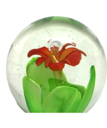 Paperweight Art Glass Orange Flower Lime Green Leaves Controlled Bubble ... - £20.87 GBP
