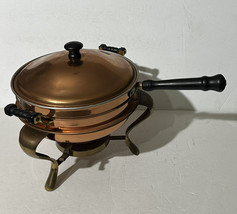 Vintage Copper &amp; Brass Chafing Dish Warming Pan Wood Handles Stand - $39.10