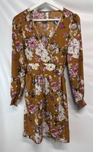Xhilaration A Line Gold  Floral Long Sleeve A-Line Dress Elastic Back Wa... - $17.79