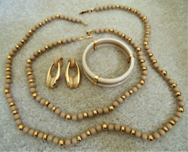 Napier Gold Tan Bead Necklaces + Clip On Earrings + Bangle Bracelet Jewelry Set - $71.09