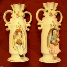 Amphora Vase LOT Porcelain Bisque Raised Relief Figural Boy Girl Mid Century VTG - £15.54 GBP