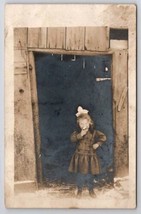 RPPC Adorable Girl Eating Apple At Barn Door Grace Root c1910 Photo Postcard G43 - £14.25 GBP