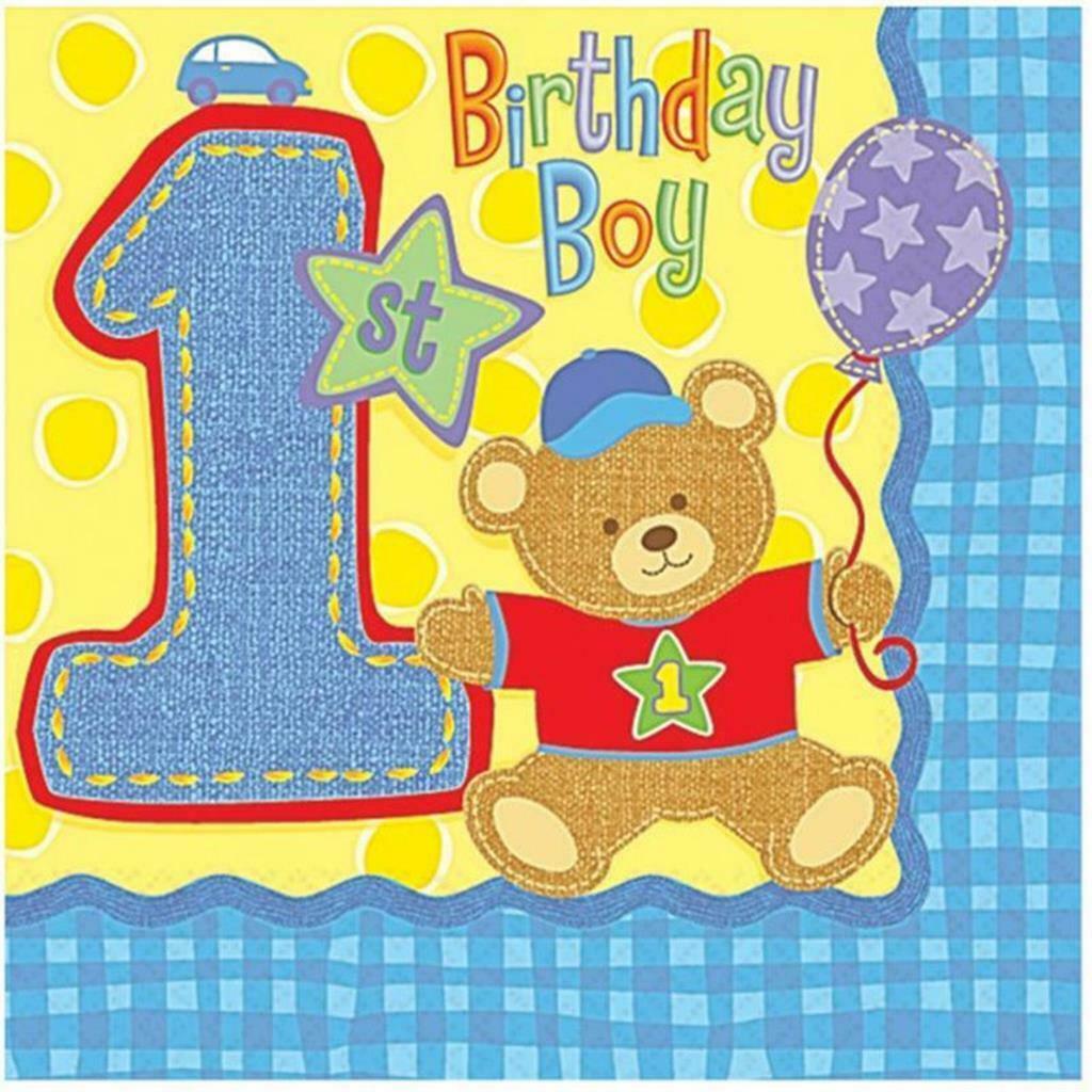 1st Birthday Hugs and Stitches Boys Dessert Beverage Napkins 16 Per Pack... - $2.95
