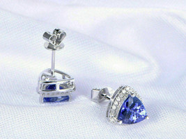 4CT Trillion Tanzanite Simulated Diamond Stud Earrings 14K White Gold Plated - £63.59 GBP