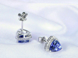 4CT Trillion Tanzanite Simulated Diamond Stud Earrings 14K White Gold Plated - £62.50 GBP