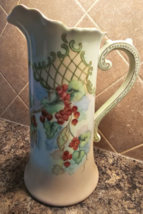 Vtg Hand painted Lattice, Red Berries, &amp; Gold Accents Pitcher Painter F.... - $54.44