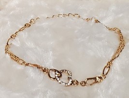 10&quot; Gold Clear Rhinestones Gemstones Double Hearts Anklet Sizeable Boho Classy - £6.36 GBP