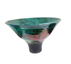 Raku Large Decorative Green Copper Colored Bowl Signed by Artist Fox - $103.95