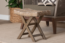 Tyler Bohemian Gray Kubu Rattan and Mahogany Wood Ottoman Footstool - $105.00