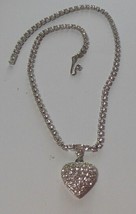 Vintage Signed WEISS Clear Rhinestone Heart Pendant Necklace 16.7/8&quot; Long - £50.80 GBP