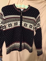 Parisian Works Petite Cardigan Sweater Black Red White Medium Snowflakes - £13.02 GBP