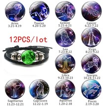12 Pcs Constellation Bracelet Set Luminous Zodiac Braided Leather Bracelet Glow  - £24.95 GBP
