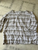 LL Bean Tan and White Stripe Linen Popover Blouse Size XL 3/4 Sleeve - £26.20 GBP