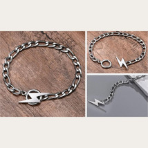 Stainless Steel 4MM Figaro Link Super Lightning Bolt Pendant Power Bracelet - $15.99