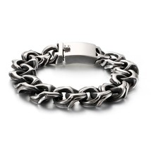 Retro Cool Link Chain Bracelet Men Black Stainless Steel Engraving Hip Hop Cuff  - £30.48 GBP