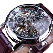 Men&#39;s Mechanical Skeleton Watch With Leather Brown Band- Silver Face - £15.65 GBP