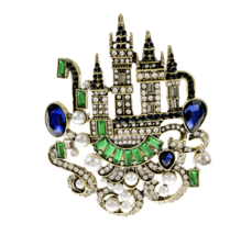 Fairy tale castle brooch vintage look stunning diamonte gold plated pin jjj56 - $23.62
