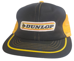 Dunlop Tires Vtg Swingster Snap Back Mesh Trucker Black &amp; Yellow Striped Cap Hat - £40.08 GBP