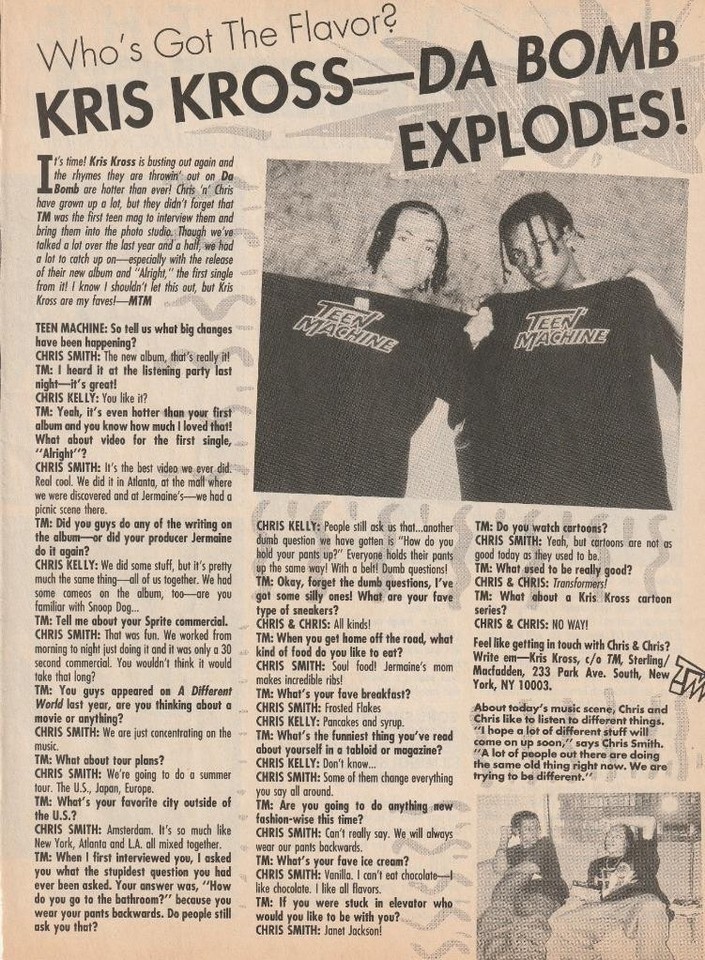 Kris Kross teen magazine pinup clipping vintage Da bomb explodes Teen Ma... - $2.50