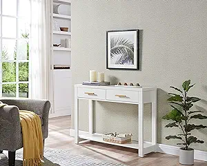 - White Wood Modern Console Sofa Table With 2 Storage Drawers And Open S... - $259.99