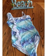 Justice Girl&#39;s One Piece Mermaid Ruffle Blue Swimsuit size 10  -Great  C... - $11.87