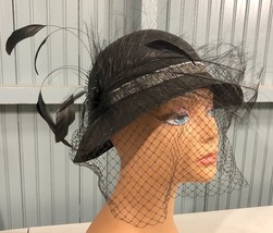 Fedoria Black Laced VTG Dress Feathered Church Womens Cap Hat 56cm - £18.66 GBP