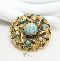 Stunning Czech Vintage Ornate Gold Faux Turquoise and Pearl BROOCH Pin Jewellery - £24.18 GBP