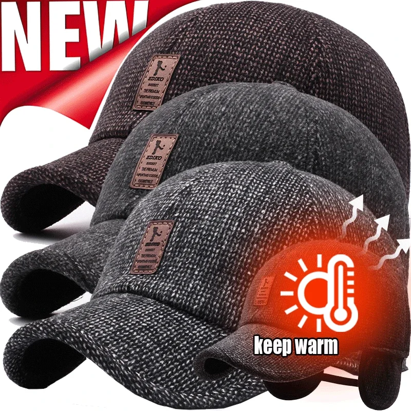 Autumn Winter Men Woolen Snapback Hat Ear Protection Peaked Keep Warm Outdoor - £11.60 GBP+