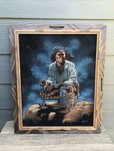 VTG Black Velvet Painting Native American Indian Scout Art Wood Frame Western - £102.88 GBP