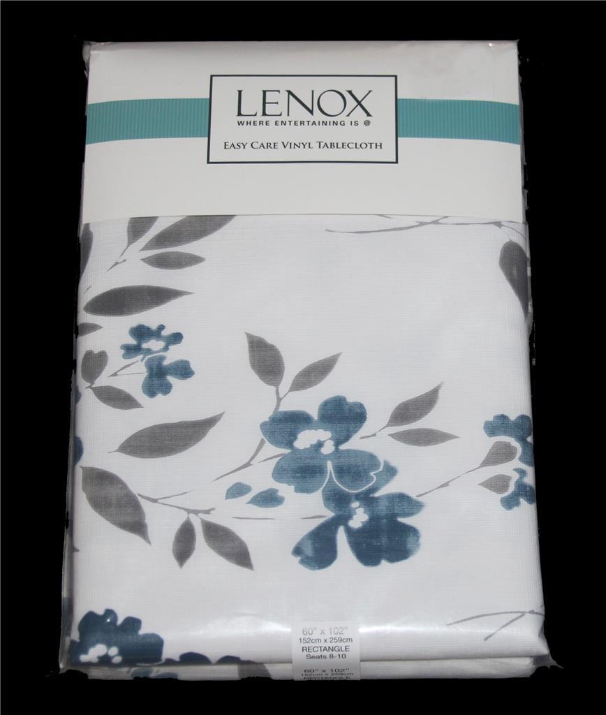 LENOX Blue Grey White Floral Vinyl Flannel Back Rectangle 60 x 102 Table... - $24.99