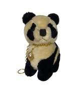 Vintage Wool China Plush Panda Bear Gold Tone Chain Stuffed Animal Black... - $21.51