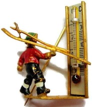 Antique 1930&#39;s Brooch Skiing Man Glass Thermometer Enamel - £185.20 GBP