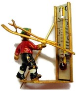 Antique 1930&#39;s Brooch Skiing Man Glass Thermometer Enamel - £188.59 GBP