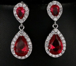 4.60Ct Pear Cut CZ Red Garnet Drop Dangle Earrings 14K White Gold Plated-Silver - £113.90 GBP