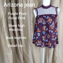 Arizona Jean Co Purple Plum Floral Print Sheer Neck Detail Top Size S - £11.18 GBP