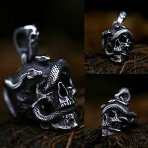 Men's Stainless Steel Snake Skull Pendant Necklace Gothic Punk Retro Jewelry 24" - £13.44 GBP