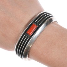 6.25&quot; c1970 Johnny Mike Begay Navajo Modernist silver and coral cuff bracelet - $841.50