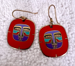 Vintage Laurel Burch Red Purple Blue Gold Enamel Mayan Lion Dangle Earrings - $24.26