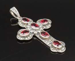 925 Silver - Vintage Multi Garnet &amp; Marcasite Religious Cross Pendant - ... - $61.29