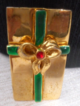 AAI Christmas Theme Brooch Gift Present Bow GoldTone Metal Pin Enamel Rhinestone - £12.54 GBP