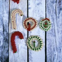 VTG Lot HANDMADE Beaded Ornaments Christmas Wreaths Candles Candy Canes Red  - £11.52 GBP