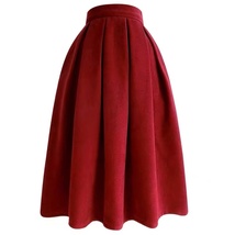 Winter Wine Red Pleated Skirt Women Plus Size Woolen Midi Party Skirt image 5
