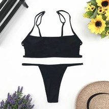  Stripe Print Swimsuit Women Solid  Top Bathing Suit High Cut Bikini Set Backles - £84.55 GBP