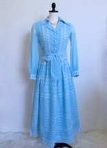 Vintage 70s Rona New York Embroidered Cotton Voile Maxi Dress XS Blue Wht Sash - £62.92 GBP